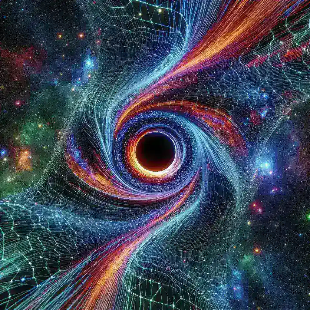 "AI algorithms simulating black hole accretion disks with high precision, showcasing advanced computational models and visualization techniques in astrophysics research."